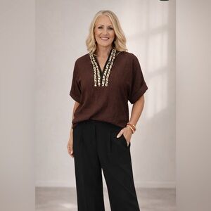 Entro Brown V-Neck Top with Leopard Trim Size Small